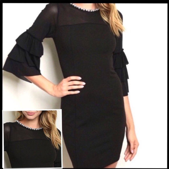 ✨SHEER ELEGANCE” PEARL COLLAR LITTLE‎ BLACK DRESS-SLIP-TUNIC NEW - Picture 1 of 8